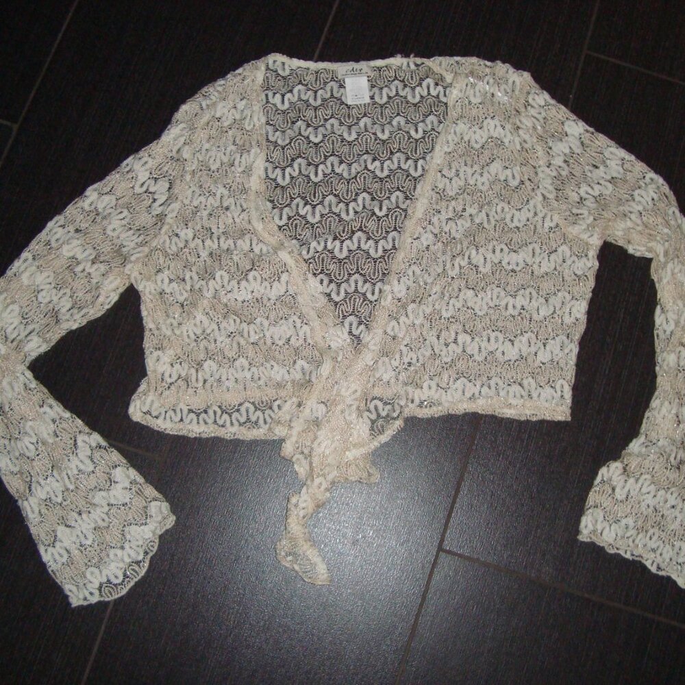 Creative Design Works Shrug Crochet Lace Open Front Tie Ivory Color sz XL